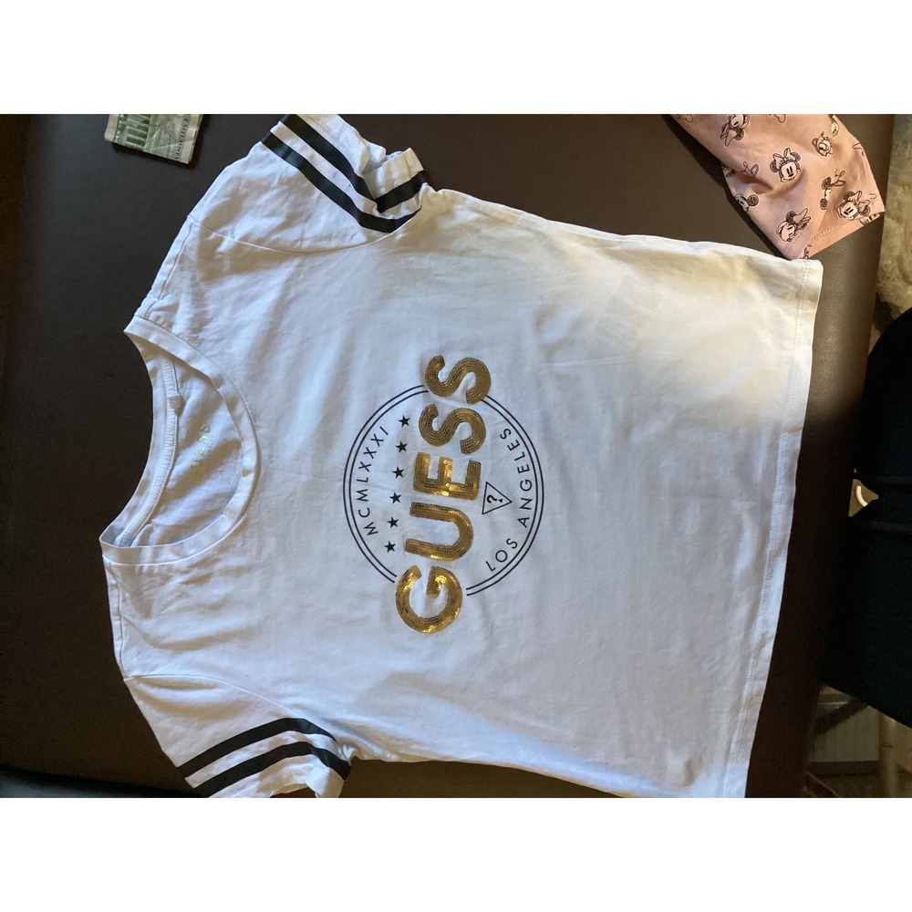Guess Los Angeles Womens White Sequin Logo Graphic T-Shirt Varsity Stripe Large